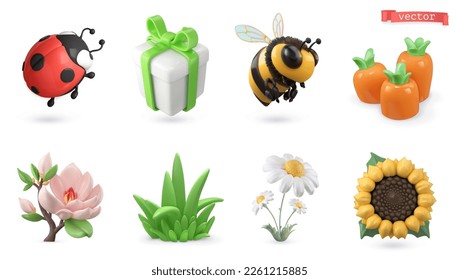 Juego de iconos de dibujos animados vectoriales primavera 3d. Buitre, caja de regalo, abeja, zanahoria, flor de magnolia, hierba verde, manzanilla, girasol