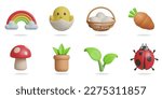 spring 3D vector icon set.
rainbow, child chicken, egg basket, carrot, mushroom, plant pot, leaf, ladybug