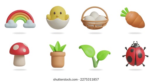 conjunto de iconos vectoriales 3D de primavera.
arcoiris, pollo infantil, cesta de huevos, zanahoria, seta, olla vegetal, hojas, mariquita