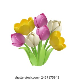 Ilustración vectorial 3D de primavera con un ramo minimalista de tulipanes en flores amarillas, rosas y blancas, ideal para tarjetas y pancartas para el Día Internacional de la Mujer y saludos de vacaciones de primavera.