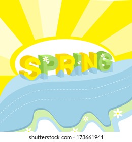 Spring. 3D word with the sun and melting snow as a background