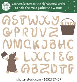 Spring ABC game with cute characters. Garden alphabet maze activity for preschool children. Choose letters from A to Z to help the mole gather the worms