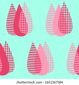 Spring abstract art tulip seamless pattern. Repetitive vector illustration design pattern of red abstract geometric shapes on turquoise background. EPS 10.
