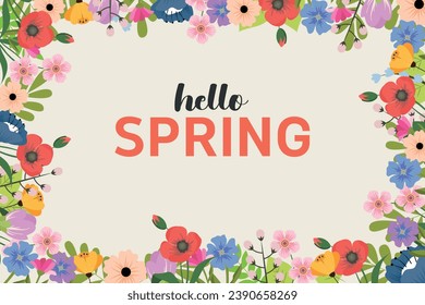 Spring abstract background, banner, poster with spring flowers and  leaves. Spring leaves. Modern trendy colorful design. Template for advertising, web, social media.