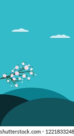 Spring abstract background - tree branch with flowers, buds and green leaves - flat style - vector