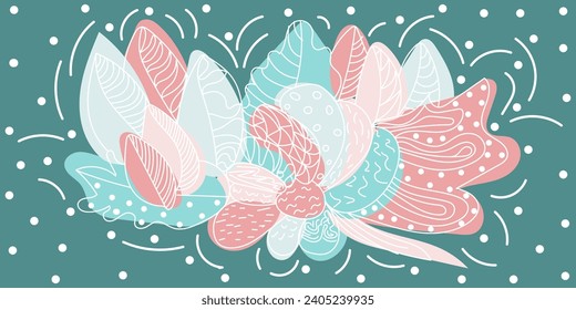 Spring abstract design with leaves and flowers, dots in doodle style. Vector hand drawn illustration in white, blue, pink colors. Isolated on colorful blue-green background