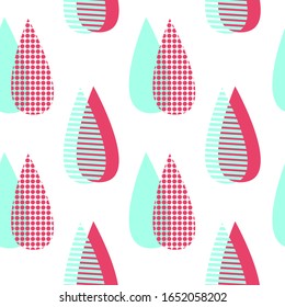 Spring abstract drops pattern. Repetitive vector illustration of abstract turquoise and red drops on transparent background. EPS 10.