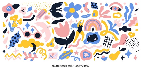 Spring abstract elements. Romantic graphic items. Feminine bikini figure. Flowers blooming objects. Grids and stripes. Naive design. Birds and sunglasses. Vector organic