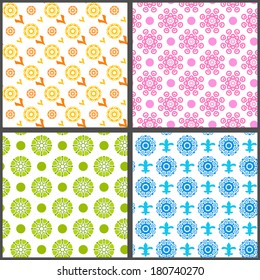 Spring abstract floral vector seamless patterns on white background. Colorful texture can be used for printing onto fabric, paper or scrap booking. Bright pink, blue, yellow and green colors.