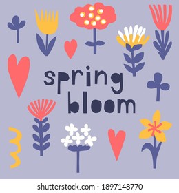 Spring abstract flower set. Cute scandinavian floral paper cutout collection: blossoms, foliage, leaves, branches and hearts. Spring bloom lettering. 