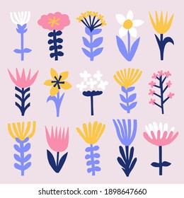 Flores abstractas de primavera. Un bonito collage de papel de moda. Elementos florales modernos de verano para cualquier diseño. Gráfica vectorial contemporánea para afiche de jardín de primavera, tarjeta o tela. 