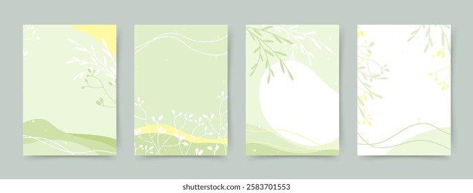 Spring abstract green minimalistic backgrounds with floral elements. Vector template for card, poster, banner, invitation, social media, mobile app, web advertising