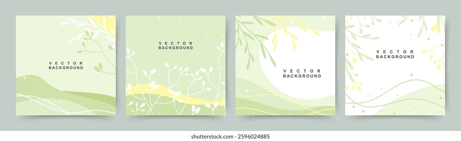 Spring abstract green minimalistic backgrounds with floral elements. Vector template for card, poster, banner, invitation, social media, mobile app, web advertising