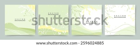 Spring abstract green minimalistic backgrounds with floral elements. Vector template for card, poster, banner, invitation, social media, mobile app, web advertising