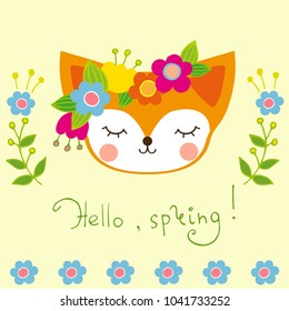 spring abstract greeting card with cute fox