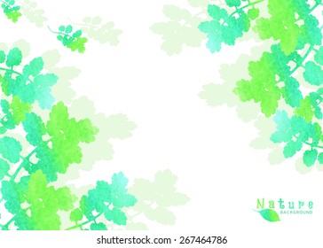 Spring abstract hand drawn watercolor texture background with leaves, invitation greeting card design, vector illustration