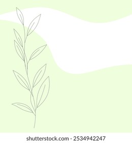 Spring abstract light green background with a contoured twig with leaves, hand-drawn, vector. Decorative background for the design with text, labels, banners, decoration. Floral invitation frame.