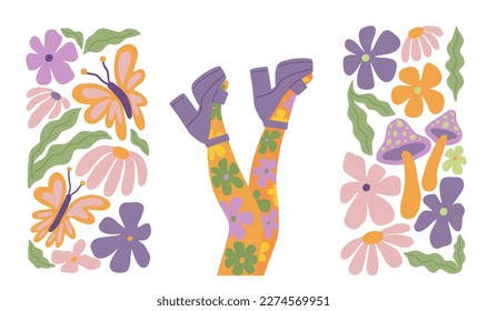 Spring abstract mushrooms print. Doodle flowers Retro flat vector illustration. Cute designs for textile and fabric