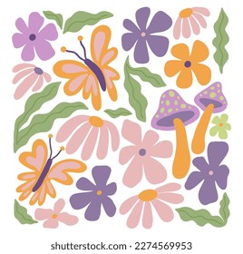 Spring abstract mushrooms print. Doodle flowers Retro flat vector illustration. Cute designs for textile and fabric