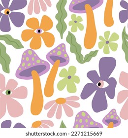 Spring abstract mushrooms seamless pattern. Doodle flowers Retro flat vector illustration. Cute designs for textile and fabric