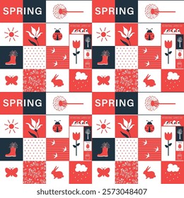 Spring Abstract Pattern. Seamless Geometric Print with Spring Elements. Square Background. Spring Flowers, Easter Bunny, Butterfly, Dandelion, Swallows, Women Silhouettes. Vector in Red, Black, White