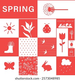 Spring Abstract Pattern. Seamless Geometric Print with Spring Elements. Square Background. Spring Flowers, Easter Bunny, Butterfly, Dandelion, Ladybug, Swallow, Women Silhouettes. Vector in Red, White