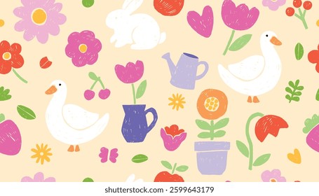 Spring abstract seamless pattern, vector summer flowers texture naive childish easter repeat banner. Cute blossom garden linen print botanical simple baby wallpaper design. Doodle spring goose pattern