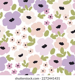 Spring abstract seamless patterns Doodle flowers Retro flat vector illustration. Cute designs for textile and fabric