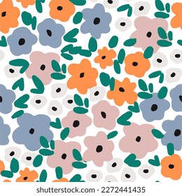 Spring abstract seamless patterns Doodle flowers Retro flat vector illustration. Cute designs for textile and fabric