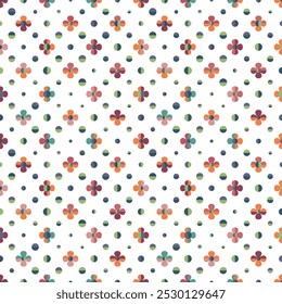 Spring abstract seamless vector pattern with stylised flowers and polka dots. Decorative geometric floral grid texture for wallpaper, prints, fashion fabrics and home decor. 