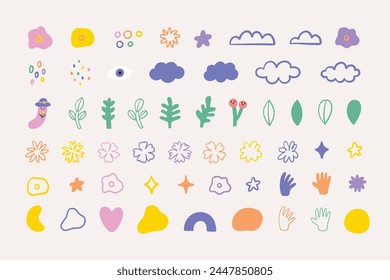Spring abstract set with flowers in doodle style