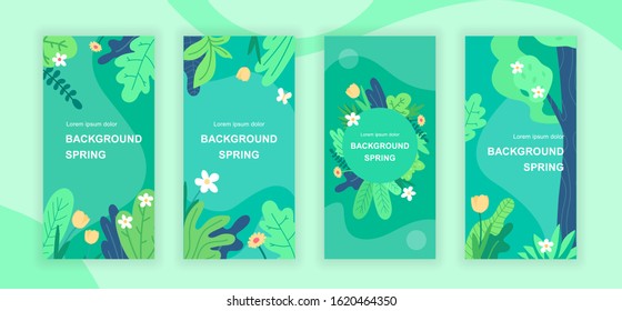 Spring abstract social media stories design templates vector set, backgrounds with copyspace - greenery, landscape - backdrop for vertical banner, poster, greeting card - spring nature concept