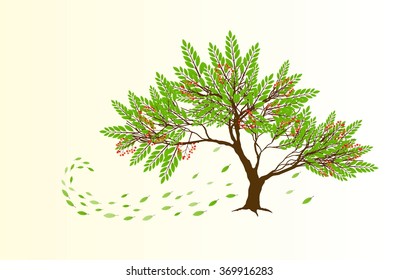 Spring abstract tree with red berries and green falling leaves