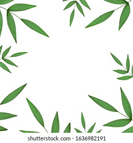 Spring abstract tropical floral frame with green leaves on white background. Design for web, textures, card, poster, fabric, textile. Doodle style. Colorful gradient vector illustration.