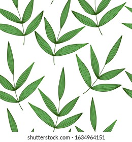 Spring abstract tropical floral seamless pattern with green leaves on white background. Design for web, textures, card, poster, fabric, textile. Doodle style. Colorful gradient vector illustration.