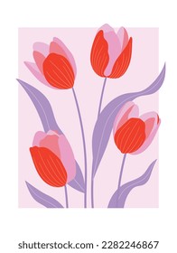 Spring abstract tulip flower background vector. Contemporary art design with floral, leaves, plant in hand drawn style. Botanical illustrated perfect for wall art, poster, wallpaper, cover, banner.