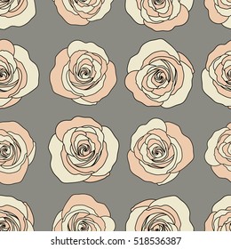 Spring abstract vector background with beige and gray roses. Flower blossom petal blooming illustration. Rose seamless pattern in beige and gray colors.