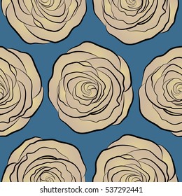 Spring abstract vector background with blue, beige and neutral roses. Flower blossom petal blooming illustration. Rose seamless pattern in blue, beige and neutral colors.