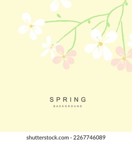 Arrière-plan vectoriel abstrait printanier avec fleurs, branches vertes et feuilles. Illustration artistique pour carte, bannière, invitation, message sur les réseaux sociaux, affiche, applications mobiles, publicité