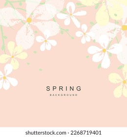 Arrière-plan vectoriel abstrait printanier avec fleurs, branches vertes et feuilles. Illustration artistique pour carte, bannière, invitation, message sur les réseaux sociaux, affiche, applications mobiles, publicité