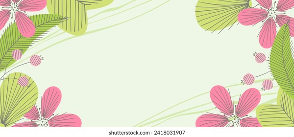 Spring abstract vector background with flowers, green branches and doodling leaves. For presentation, wallpaper, poster, banner, card, print, packaging, beauty. Vector illustration