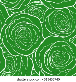 Spring abstract vector background with green roses silhouette. Flower blossom petal blooming illustration. Monochrome rose seamless pattern.
