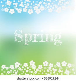 Spring abstract vector background with green, blue blurred bokeh. Handwritten typography title and blossoming flower icons. Eps10 vector illustration.