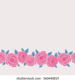 Spring abstract vector background with horizontal neutral, blue and pink roses. Flower blossom petal blooming illustration with copy space. Rose seamless pattern in neutral, blue and pink colors.