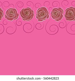 Spring abstract vector background with horizontal purple, brown and pink roses. Flower blossom petal blooming illustration with copy space. Rose seamless pattern in purple, brown and pink colors.
