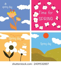 Spring abstract vector background illustration, leaves, flowers, mountains, bright colored sky. Media post, poster, mobile apps, advertising
