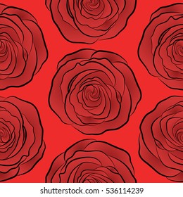 Spring abstract vector background with orange and red roses. Flower blossom petal blooming illustration. Rose seamless pattern in orange and red colors.