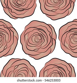 Spring abstract vector background with pink and beige roses. Flower blossom petal blooming illustration. Rose seamless pattern on a white background.