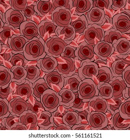 Spring abstract vector background with red roses. Flower blossom petal blooming illustration. Rose seamless pattern in red colors.