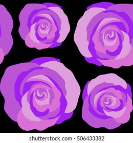 Spring abstract vector background with violet roses. Flower blossom petal blooming illustration. Rose seamless pattern on a black background.